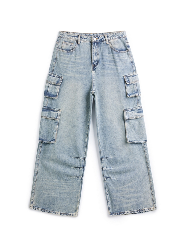 Vaqueros cargo lavados con múltiples bolsillos para hombre-8