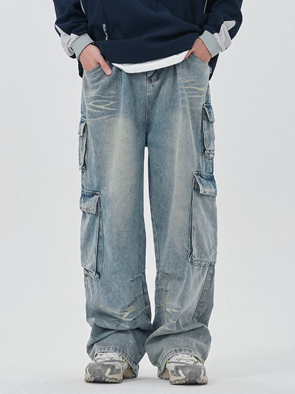 Vaqueros cargo lavados con múltiples bolsillos para hombre-5