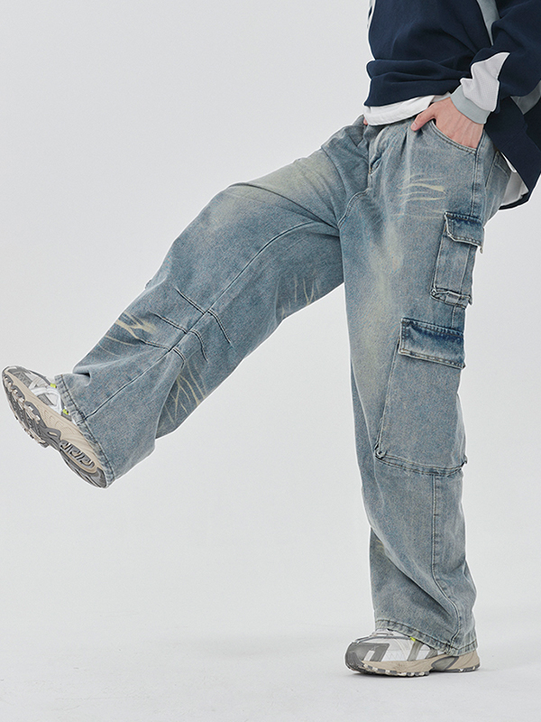 Vaqueros cargo lavados con múltiples bolsillos para hombre-4
