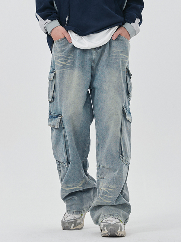 Vaqueros cargo lavados con múltiples bolsillos para hombre-2