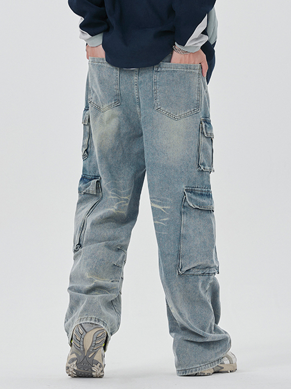 Vaqueros cargo lavados con múltiples bolsillos para hombre-6