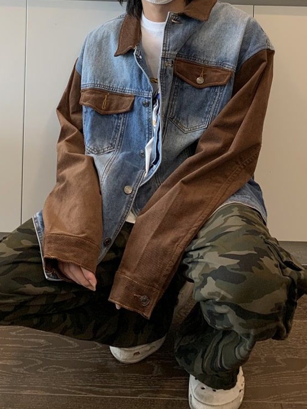 Chaqueta vaquera vintage con empalme para hombre-5