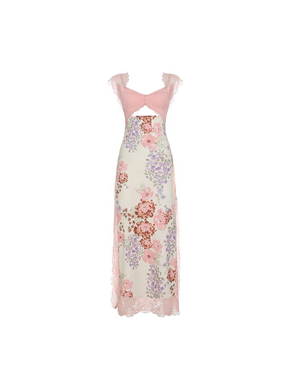 Vestido largo floral con patchwork de encaje-4