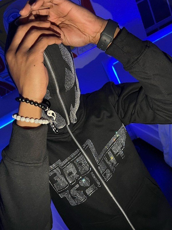 Sudadera con capucha y cremallera negra con diamantes de imitación para hombre-1