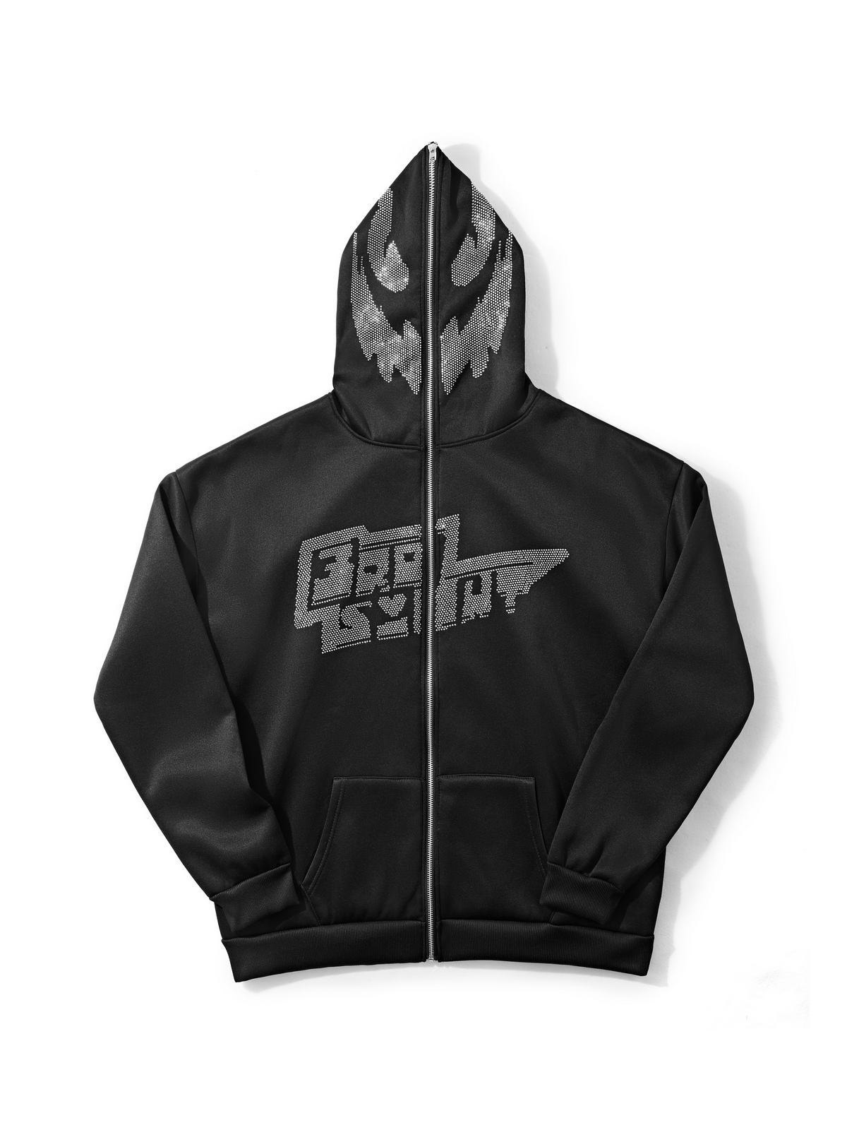 Sudadera con capucha y cremallera negra con diamantes de imitación para hombre-3