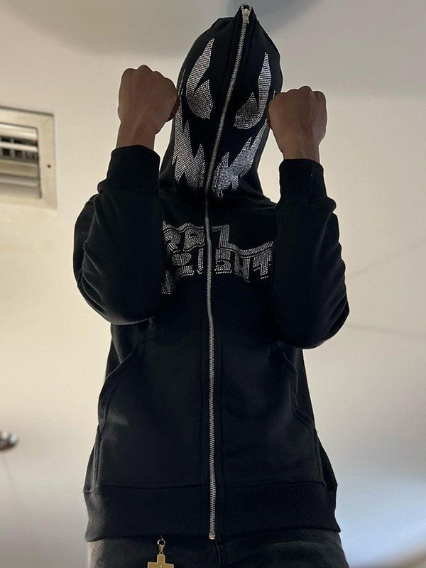 Sudadera con capucha y cremallera negra con diamantes de imitación para hombre-2