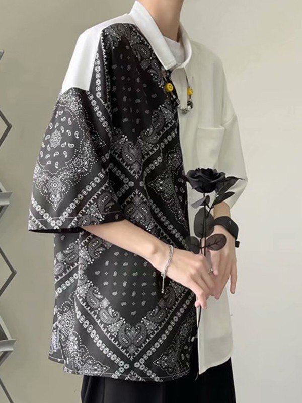 Camisa de hombre con bolsillo y estampado Paisley de patchwork-2