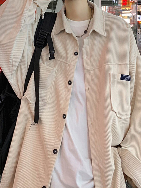 Camisa de manga larga de pana con bolsillo simple para hombre-2