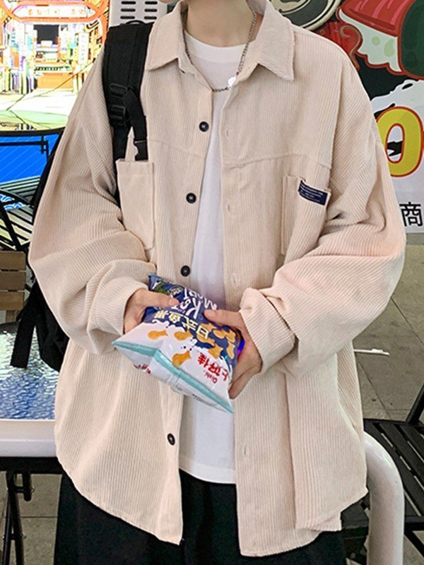 Camisa de manga larga de pana con bolsillo simple para hombre-1
